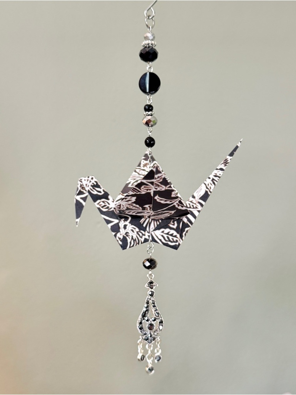Origami Ornament #2439 - Large Crane with Repurposed Jewelry